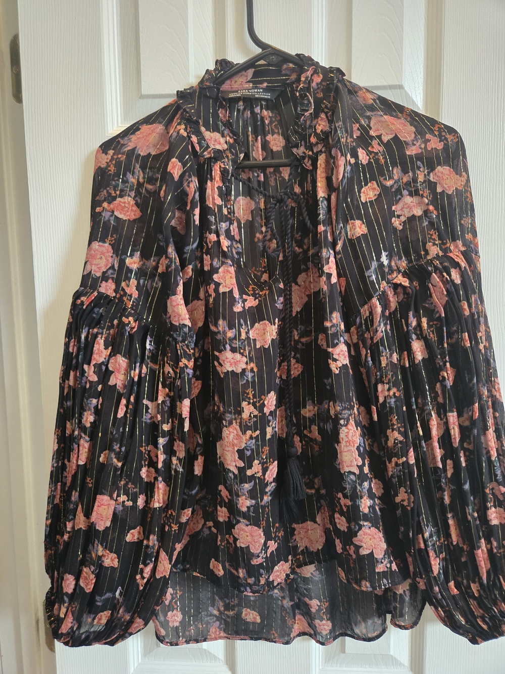 Zara Woman Floral Metallic Stripe Blouse - Black & Pink - Picture 3 of 3